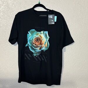 Futuristic Black Tee with Rose Graphic